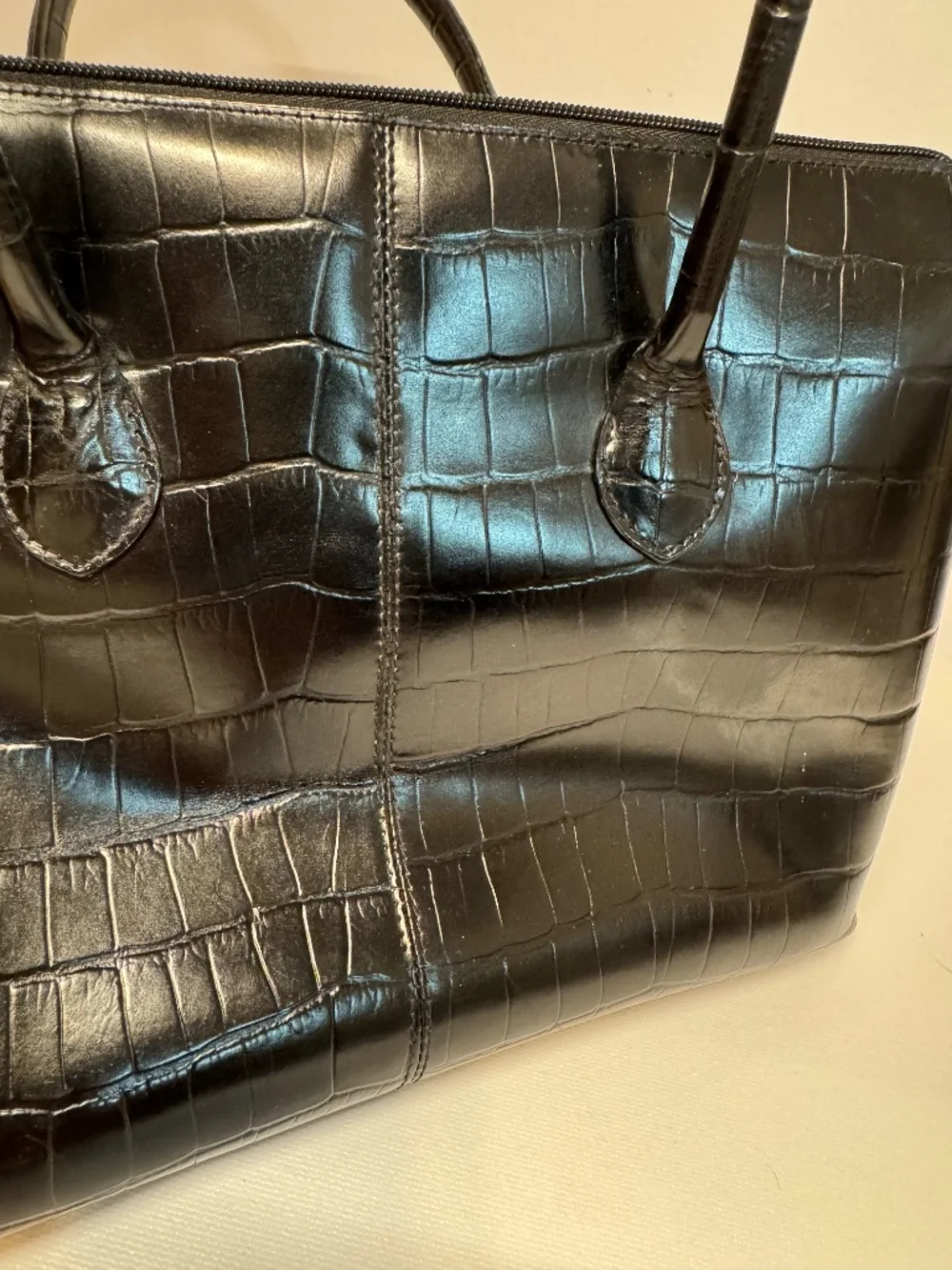 Aigner Black Croc Embossed Satchel Handbag Gold Hardware